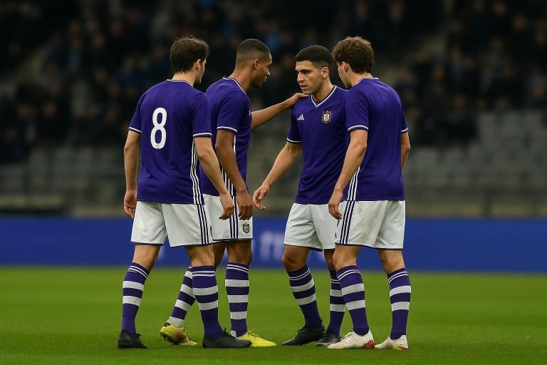 Spelers van RSC Anderlecht op het veld na een moeilijke start in de Champions’ Play-Offs