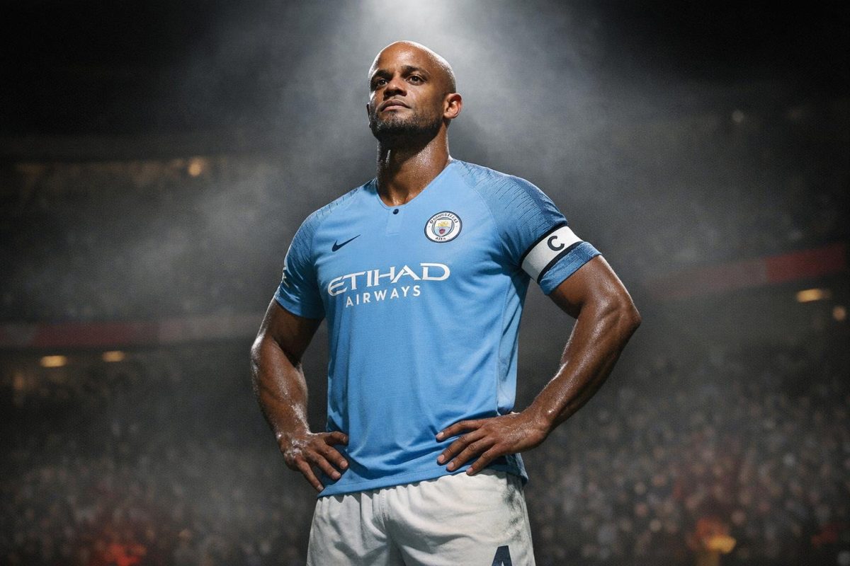 Vincent Kompany, aanvoerder, viert een beslissend moment met opgeheven armen in een nostalgische archieffoto.