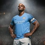 Vincent Kompany, aanvoerder, viert een beslissend moment met opgeheven armen in een nostalgische archieffoto.