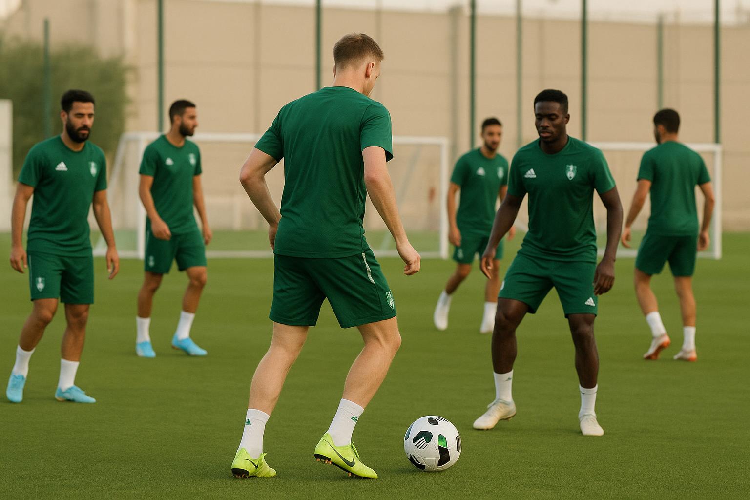 Michel Vlap in trainingscontext bij Al-Ahli in Qatar, zonder herkenbare gezichten.