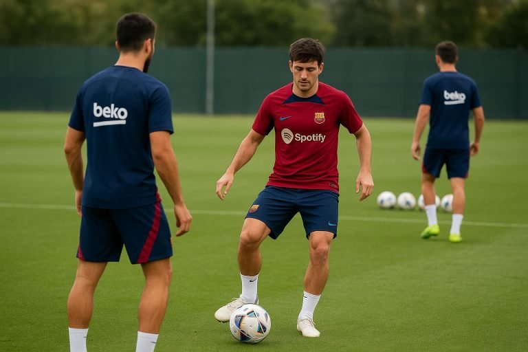 Een neutrale trainingsfoto van FC Barcelona in aanloop naar de derby, met aandacht voor de terugkeer van Frenkie de Jong in de selectie.