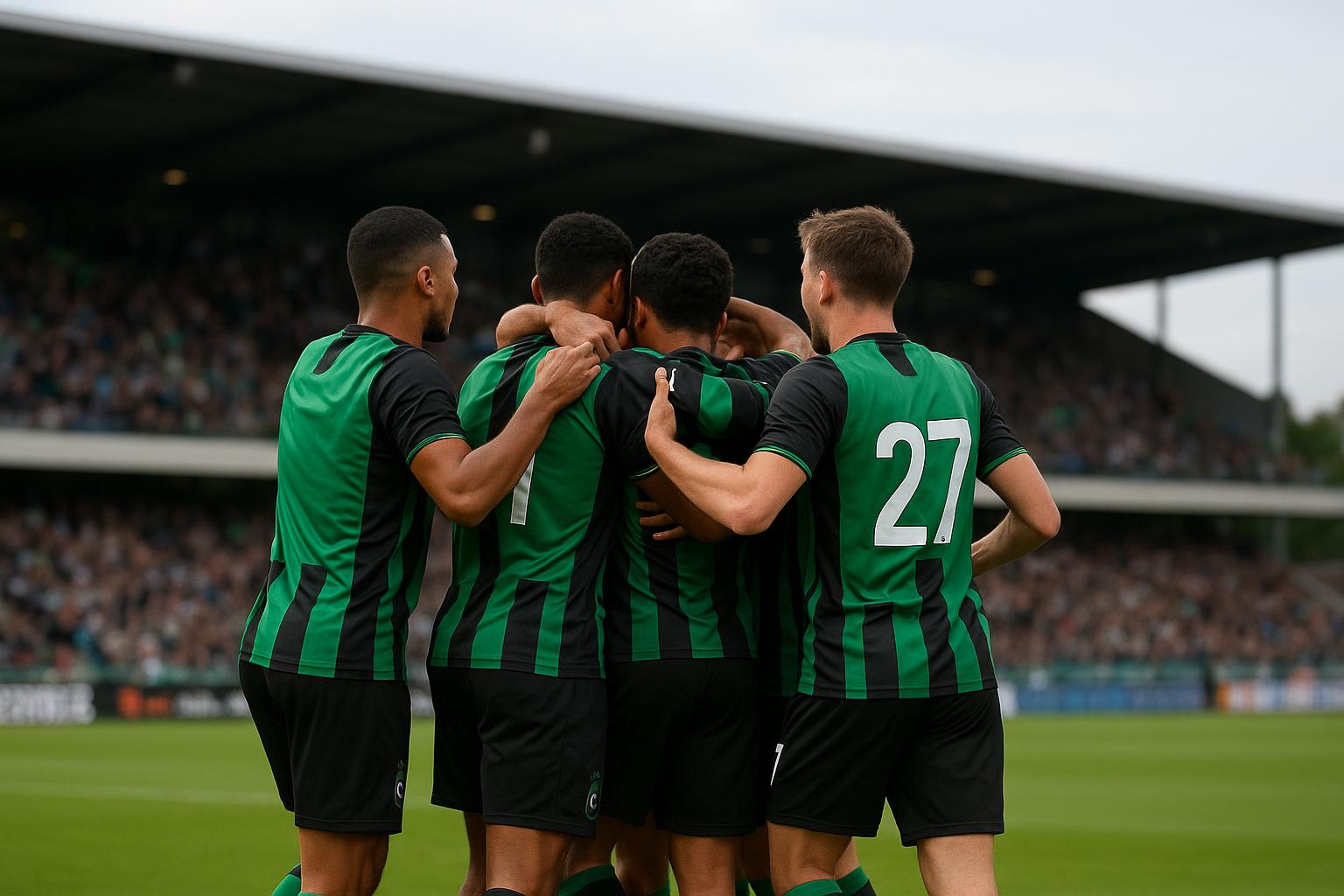 Spelers van Cercle Brugge vieren samen tijdens een wedstrijdmoment.