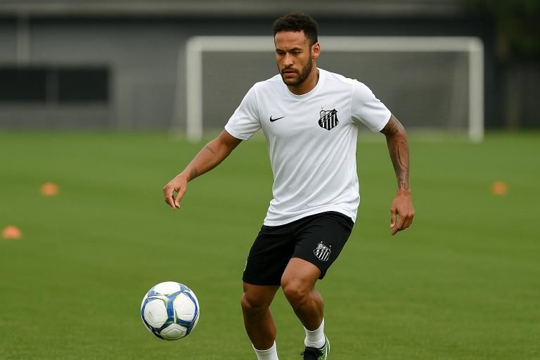 Neymar in Santos-tenue tijdens een trainingsmoment op het veld.