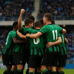 Spelers van Cercle Brugge vieren een doelpunt in het Jan Breydelstadion