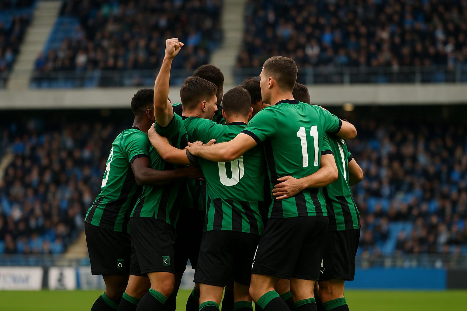 Spelers van Cercle Brugge vieren een doelpunt in het Jan Breydelstadion