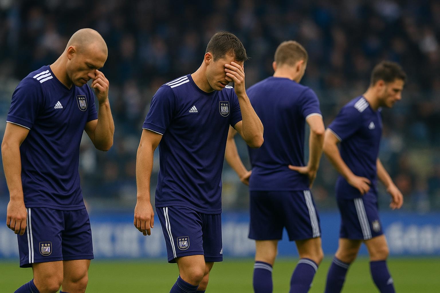 Spelers van RSC Anderlecht in het stadion na de nederlaag tegen Club Brugge in de Championsโ Play-offs
