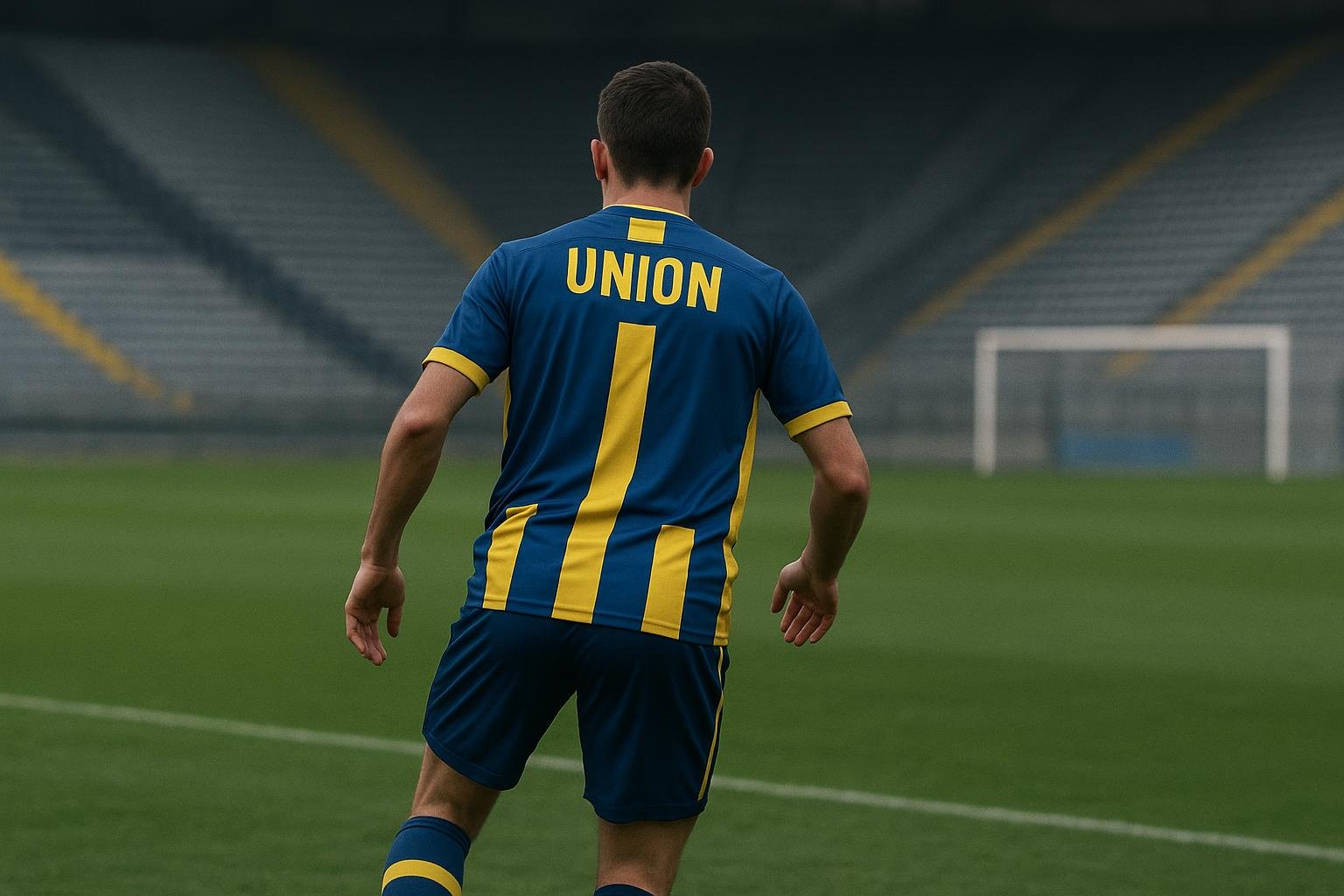 Besfort Zeneli van Union SG in een wedstrijdsituatie, gezien vanop afstand zonder herkenbare gezichten.