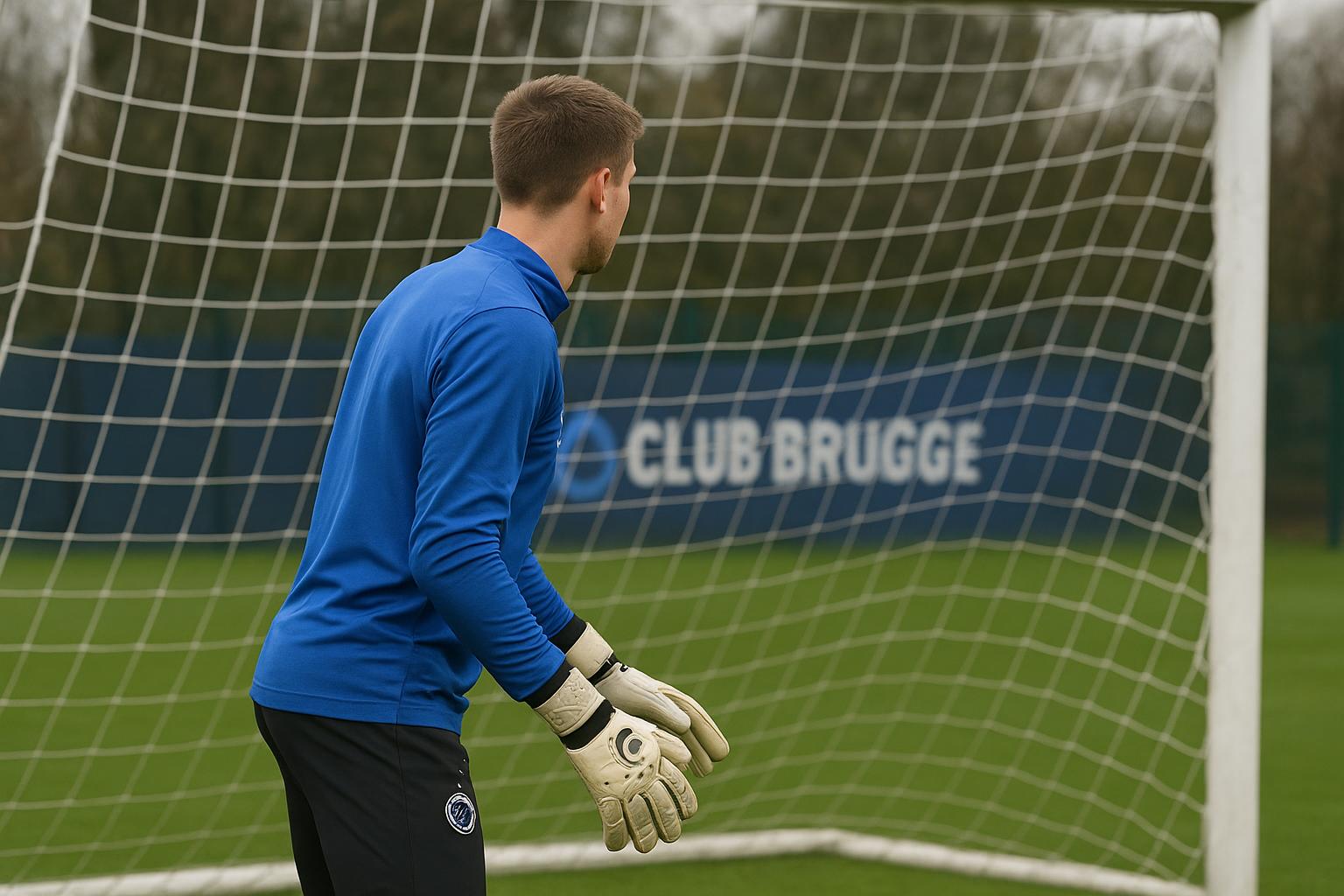 Doelman van Club Brugge in trainingscontext met keepershandschoenen, gefotografeerd zonder herkenbare gezichten.