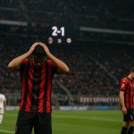 Sfeerbeeld in San Siro tijdens AC Milan tegen Udinese, met spelers in duel.