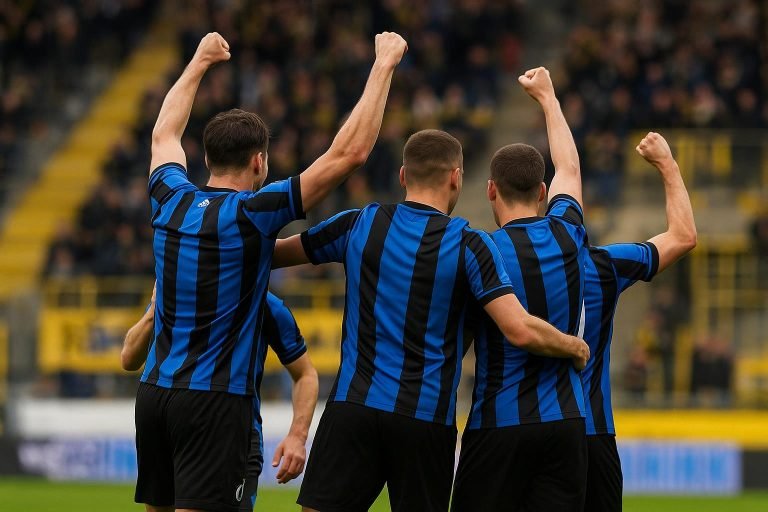 Spelers van Club Brugge vieren op het veld van STVV na de wedstrijd
