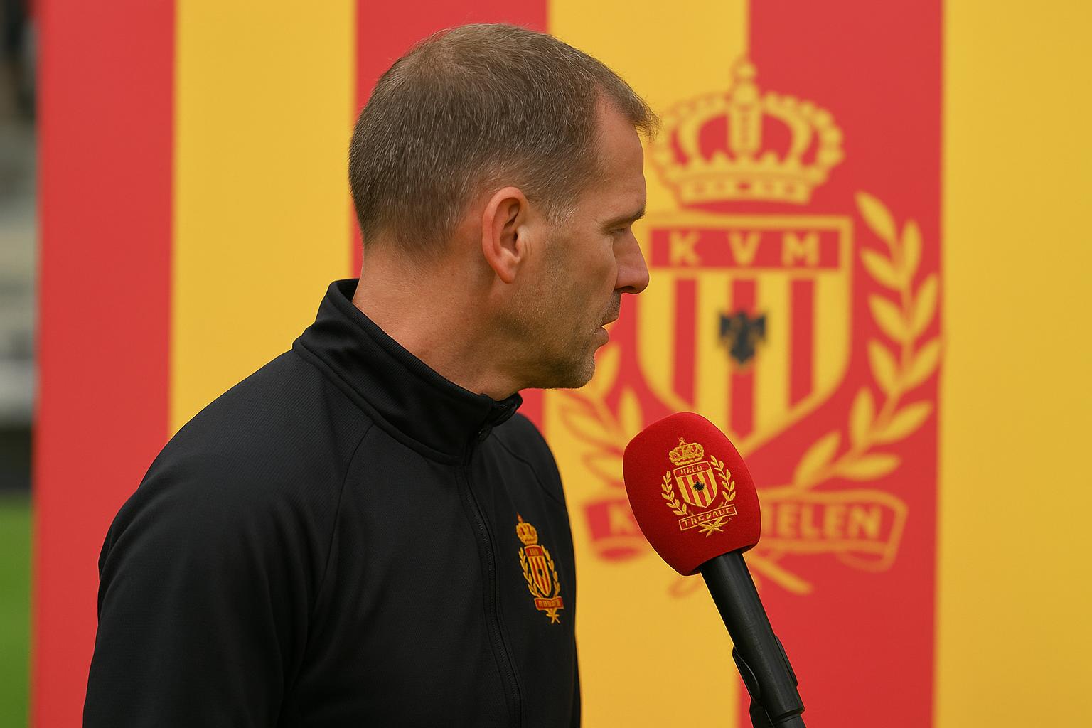 Frederik Vanderbiest geeft aanwijzingen langs de zijlijn bij KV Mechelen
