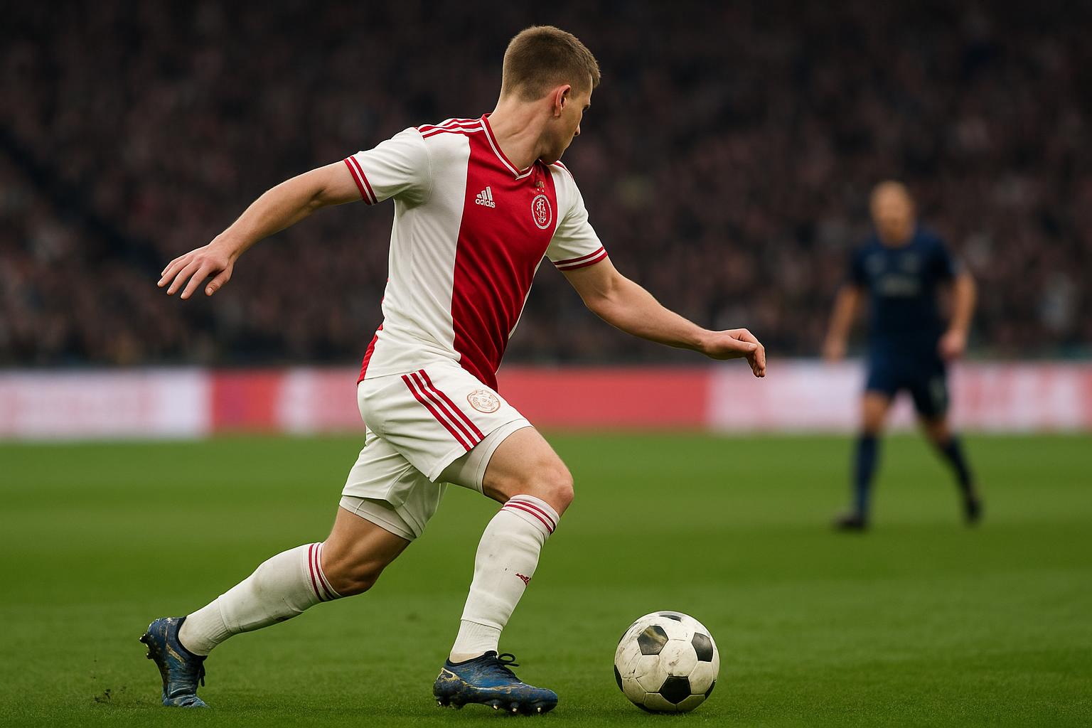 Mika Godts in actie voor Ajax tijdens een wedstrijdmoment
