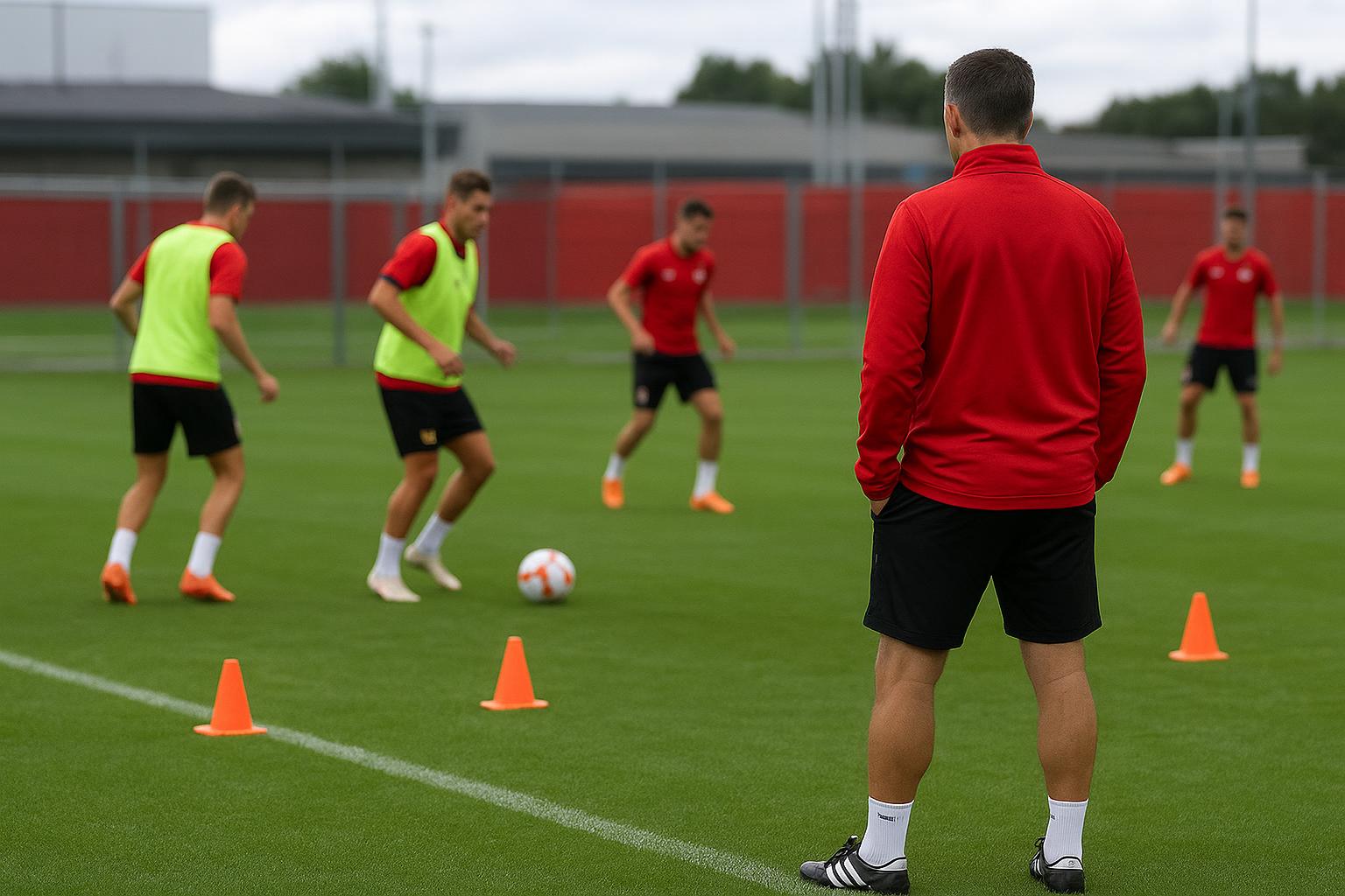 Union Berlin in een trainingscontext met staf op de achtergrond tijdens de eindsprint van het seizoen.