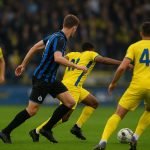 Hugo Vetlesen van Club Brugge viert na een beslissende actie op Stayen