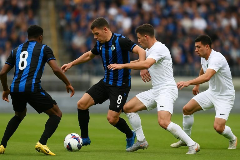 Spelers van Club Brugge vieren een doelpunt tijdens een wedstrijd.