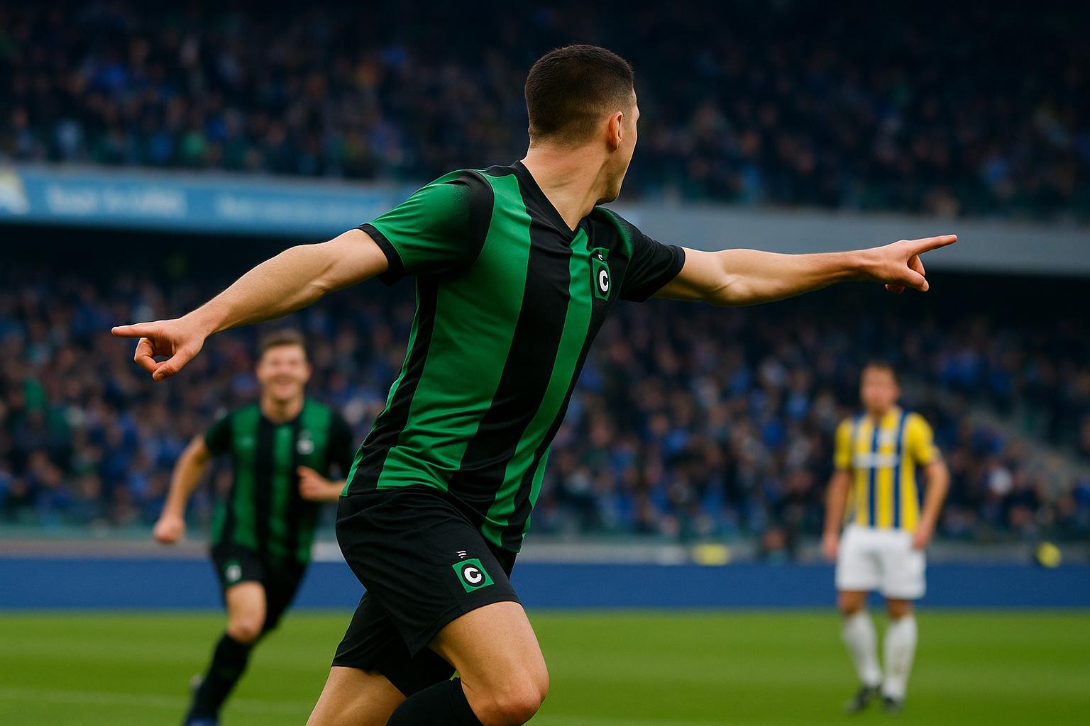 Steve Ngoura viert een goal voor Cercle Brugge in het Jan Breydelstadion