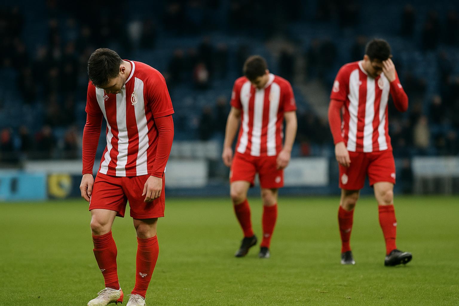 Spelmoment uit Standard tegen Westerlo met teleurgestelde Standard-spelers na de late beslissing