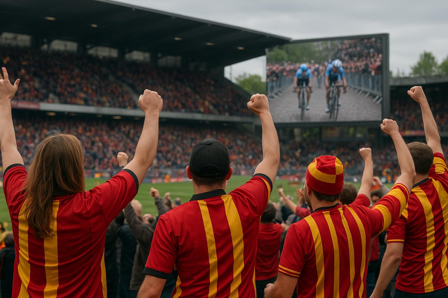 Sfeerbeeld op kasseien tijdens Parijs-Roubaix met wielrenners in actie