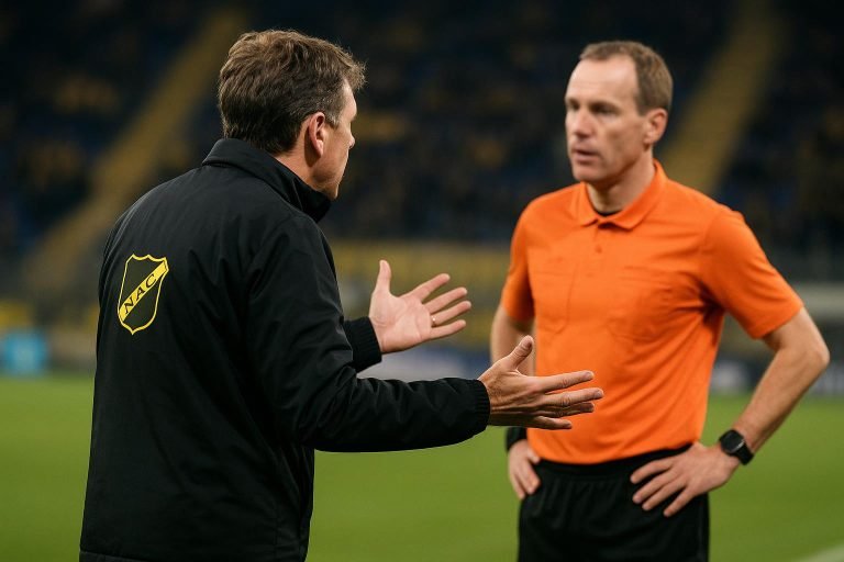 Carl Hoefkens langs de zijlijn als coach van NAC Breda tijdens een wedstrijd
