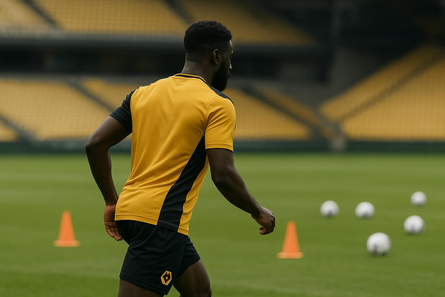 Tolu Arokodare in trainingstenue tijdens een oefensessie bij Wolverhampton Wanderers.
