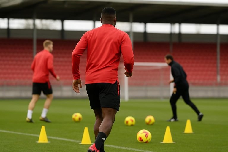 Sfeerbeeld van een training van de Rode Duivels op het veld, zonder herkenbare gezichten.