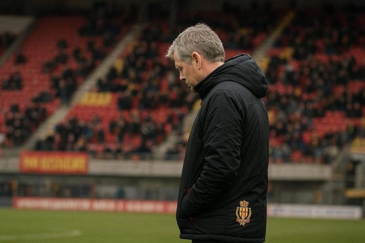 Fred Vanderbiest, coach van KV Mechelen, langs de zijlijn tijdens een wedstrijd