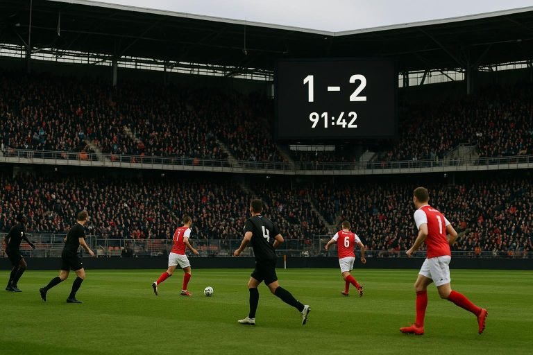 Sfeerbeeld in een stadion tijdens de ontknoping van de Challenger Pro League, met focus op rangschikking en spanning zonder herkenbare gezichten.