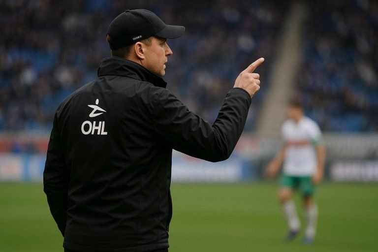 Felice Mazzu coacht Oud-Heverlee Leuven tijdens de wedstrijd op het veld van KRC Genk