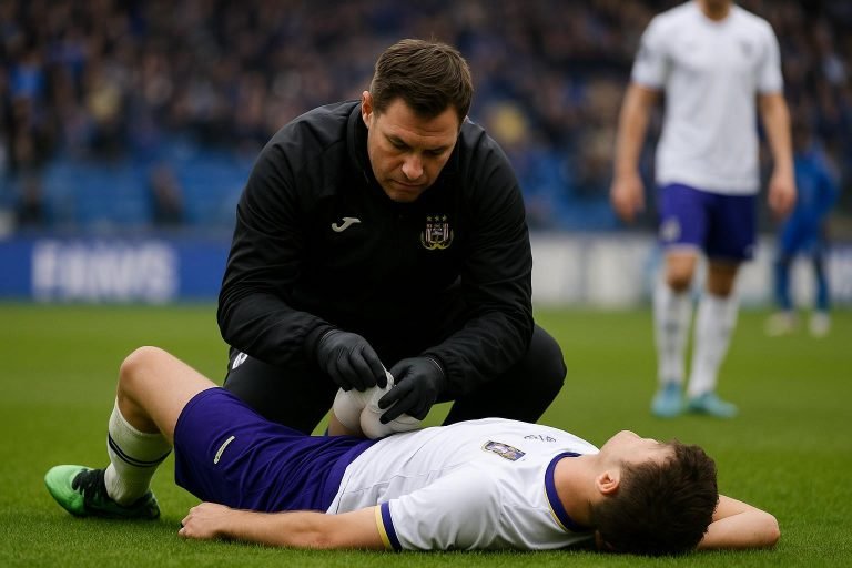 Medische staf van Anderlecht op het veld tijdens een blessuremoment in het Lotto Park