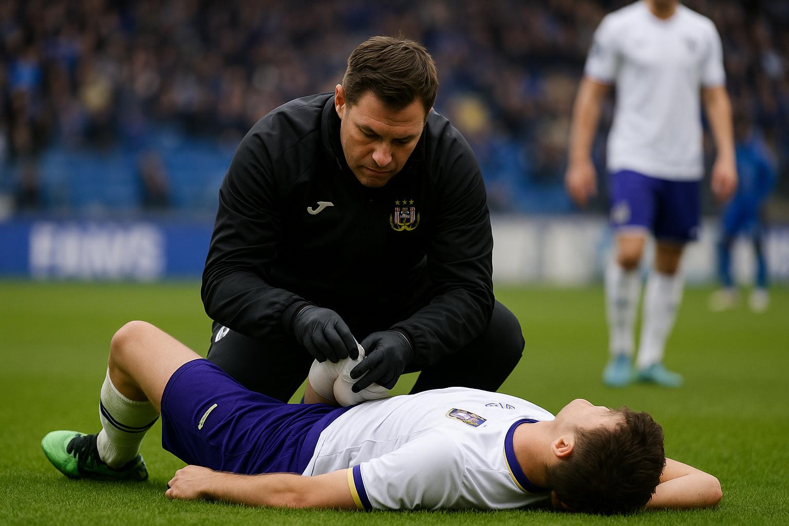 Medische staf van Anderlecht op het veld tijdens een blessuremoment in het Lotto Park