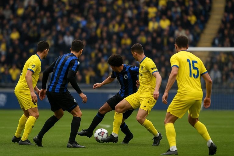 Spelmoment in de zestien tijdens STVV tegen Club Brugge in de Champions' Play-Offs