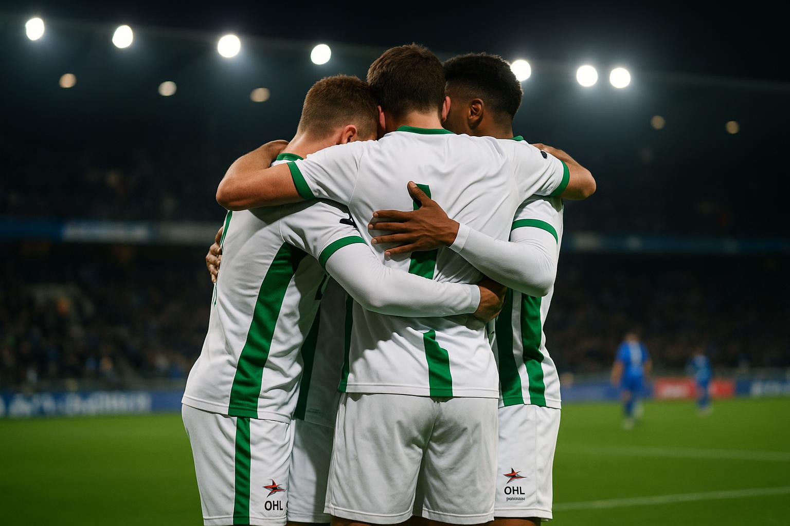 Spelers van OH Leuven vieren op het veld na het gelijkspel in de Cegeka Arena.