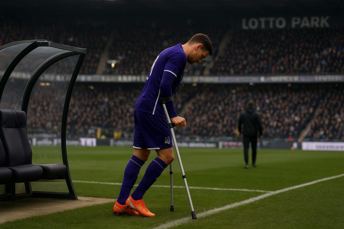 Een speler van RSC Anderlecht met krukken aan de zijlijn in het Lotto Park