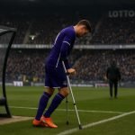 Een speler van RSC Anderlecht met krukken aan de zijlijn in het Lotto Park