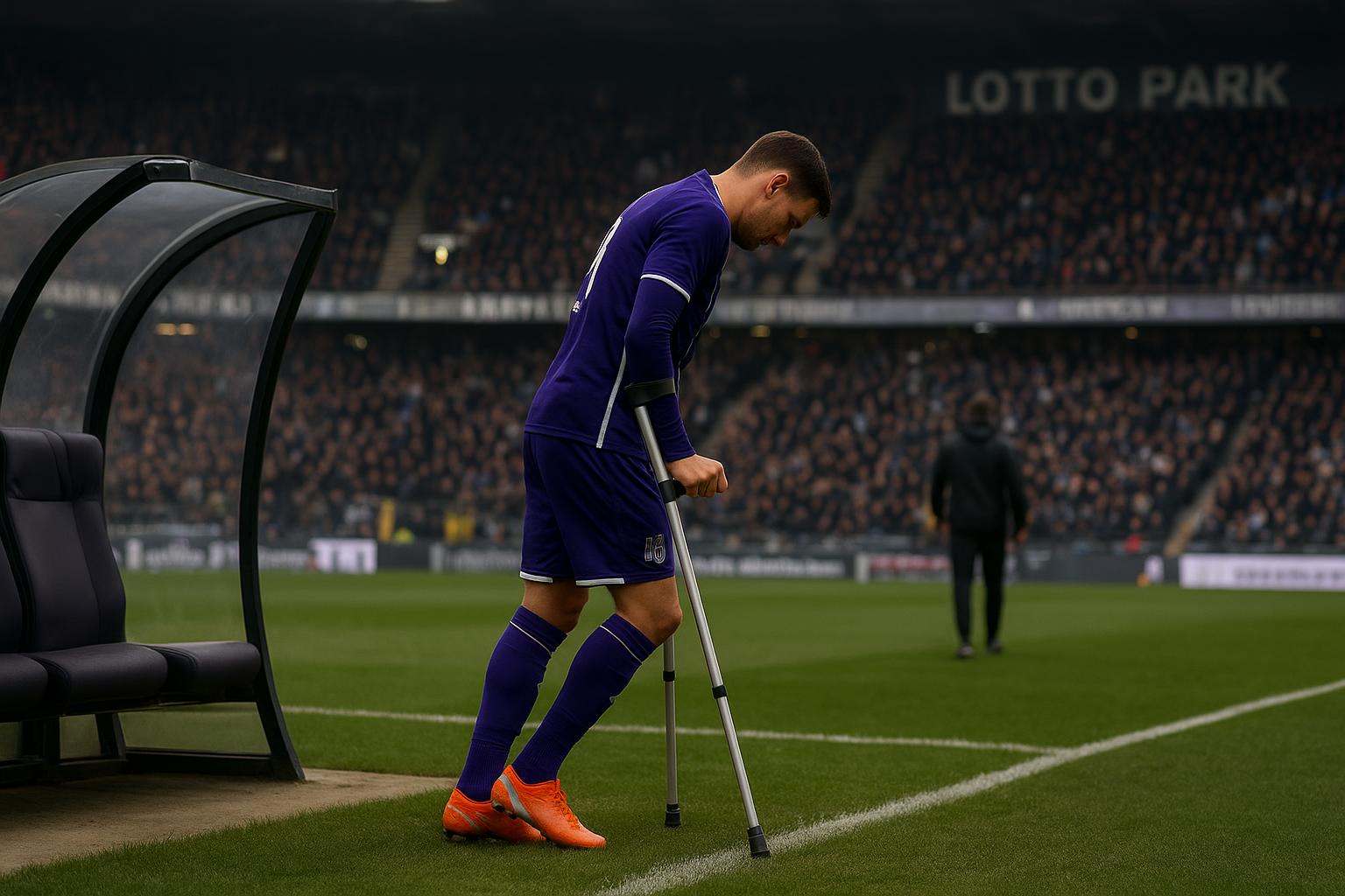 Een speler van RSC Anderlecht met krukken aan de zijlijn in het Lotto Park