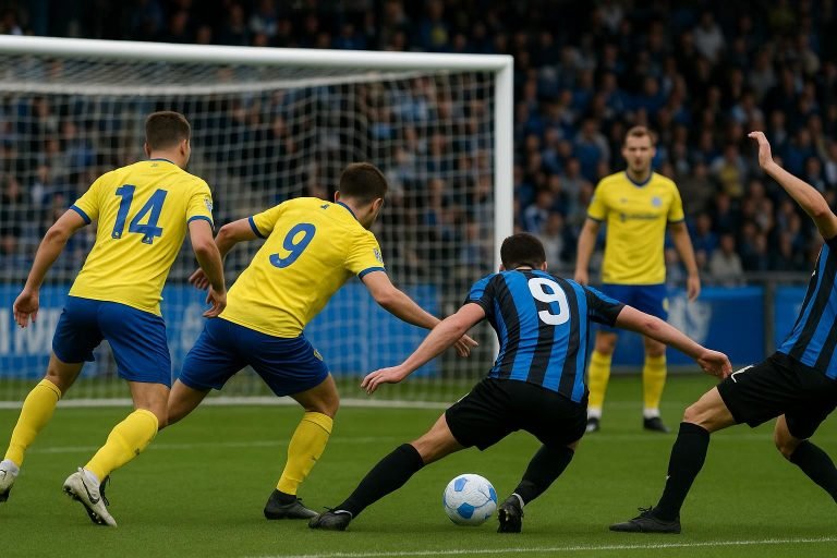 Spelmoment op Stayen tijdens STVV tegen Club Brugge in de Champions’ Play-Offs