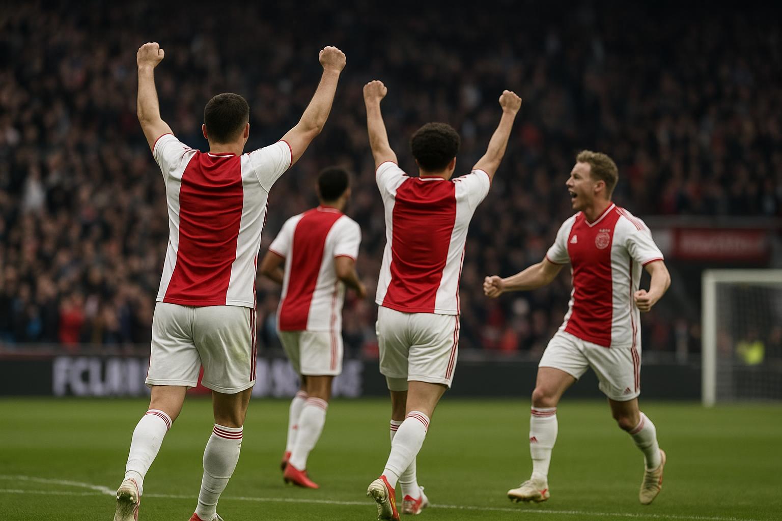 Mika Godts van Ajax viert een doelpunt tijdens een wedstrijd in de Eredivisie