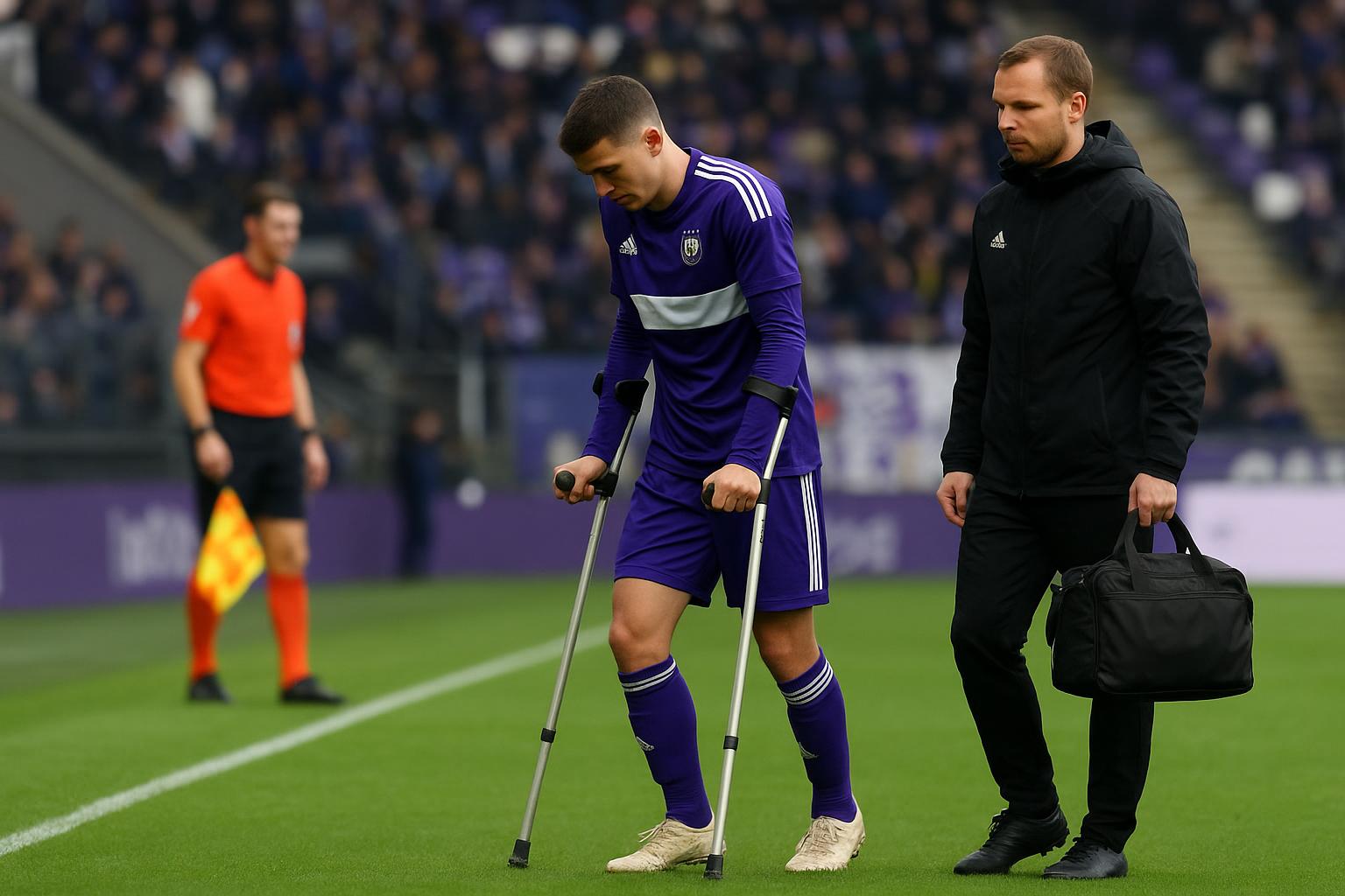 Nathan De Cat van RSC Anderlecht op krukken na een blessure in het Lotto Park