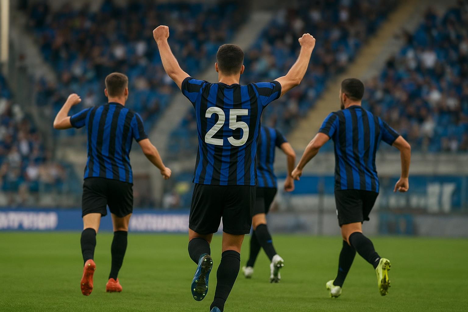 Spelers van Internazionale vieren een doelpunt tegen Como 1907