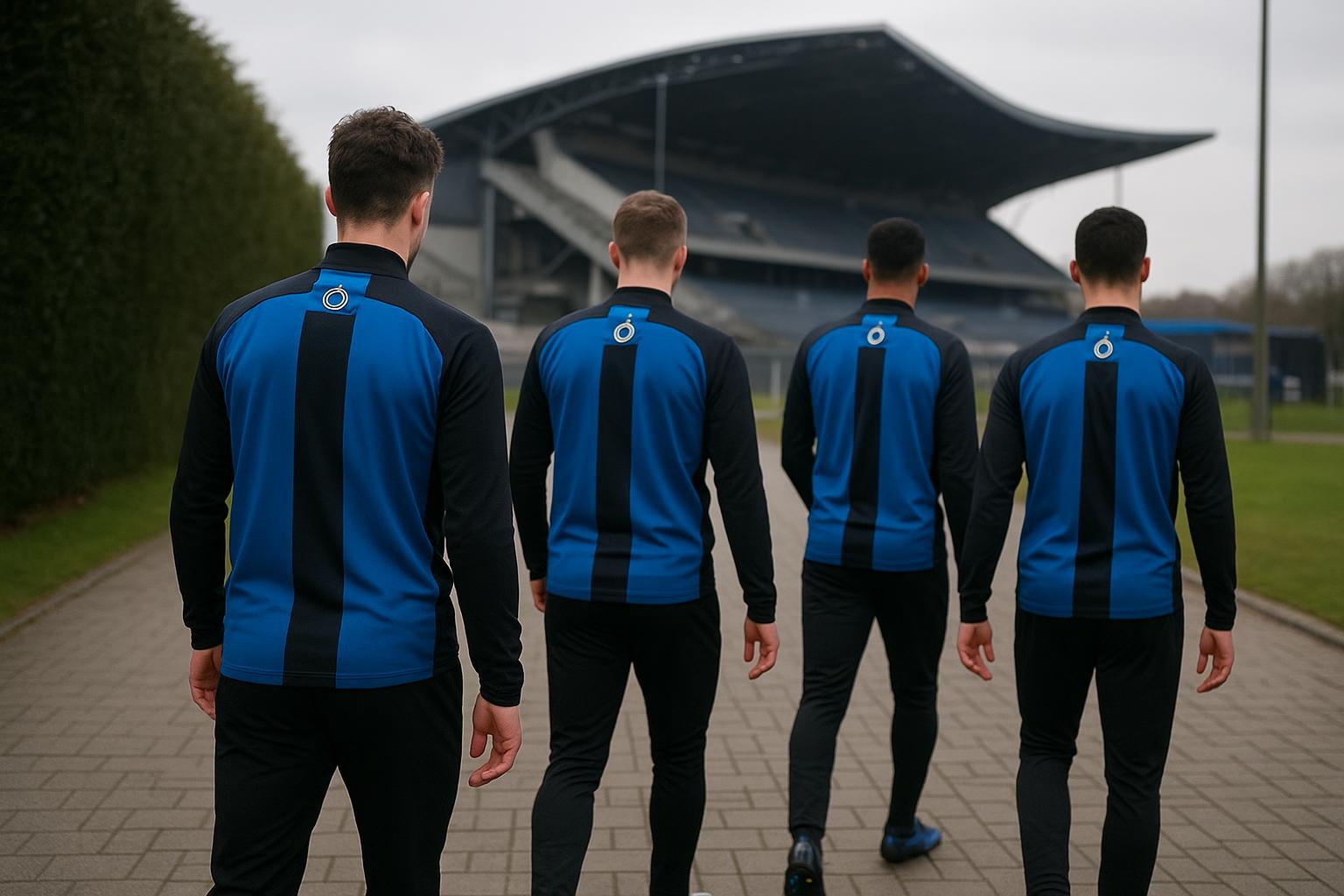 Spelers van Club Brugge op training terwijl de club werkt aan versterking op de linksachterpositie.