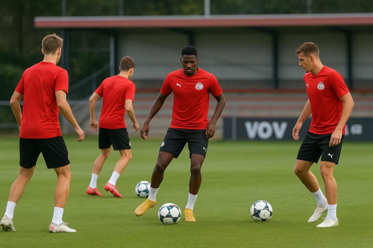Jonge PSV-spelers tijdens een training op het complex in Eindhoven
