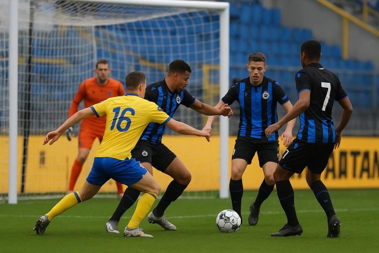 Wedstrijdbeeld van STVV tegen Club Brugge met een penaltymoment in het strafschopgebied