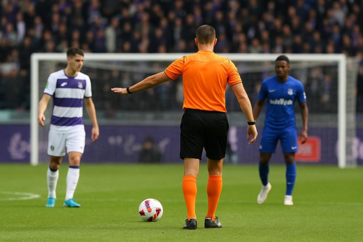 Sfeerbeeld uit een wedstrijd tussen RSC Anderlecht en KAA Gent met focus op een penaltymoment zonder herkenbare gezichten.