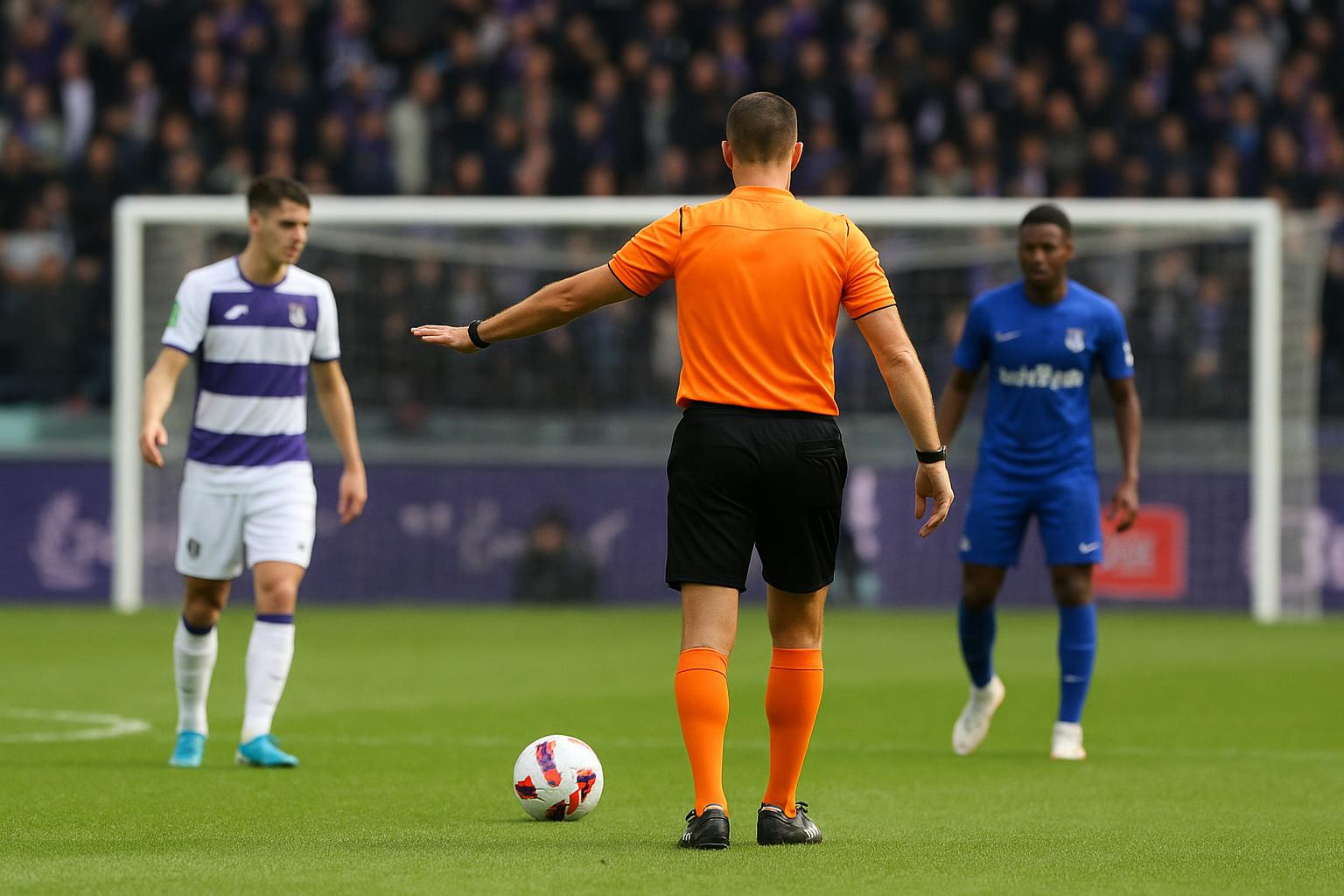 Sfeerbeeld uit een wedstrijd tussen RSC Anderlecht en KAA Gent met focus op een penaltymoment zonder herkenbare gezichten.