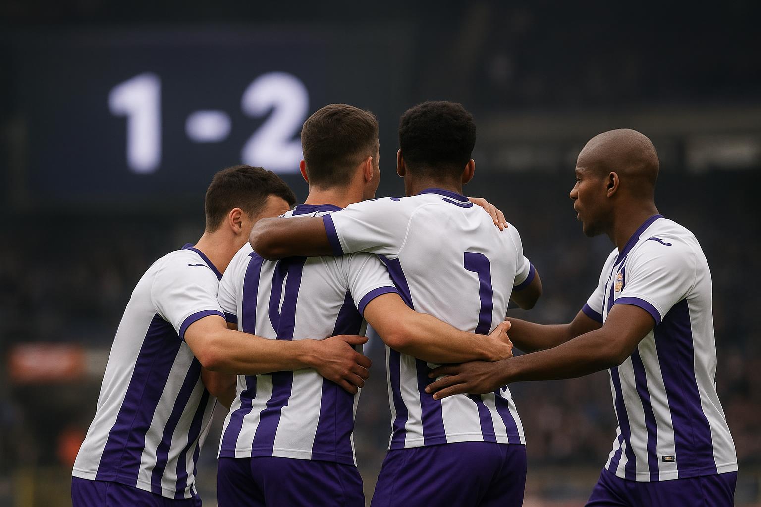 Spelers van RSC Anderlecht vieren een doelpunt in het stadion tijdens de Champions' Play-Offs