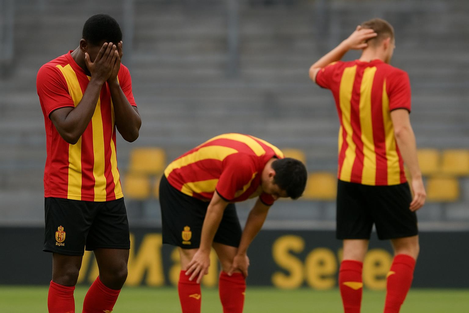 KV Mechelen-spelers balen na de 0-1 nederlaag tegen Union in Achter De Kazerne