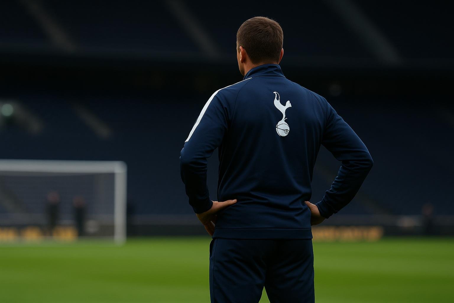 Trainer in Tottenham-kledij op het trainingsveld, gezien van achteren