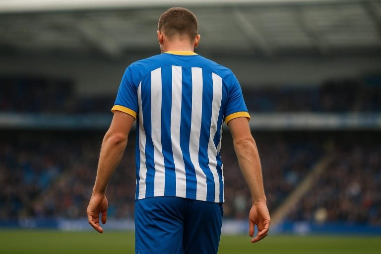 Jan Paul van Hecke in actie voor Brighton & Hove Albion tijdens een Premier League-wedstrijd