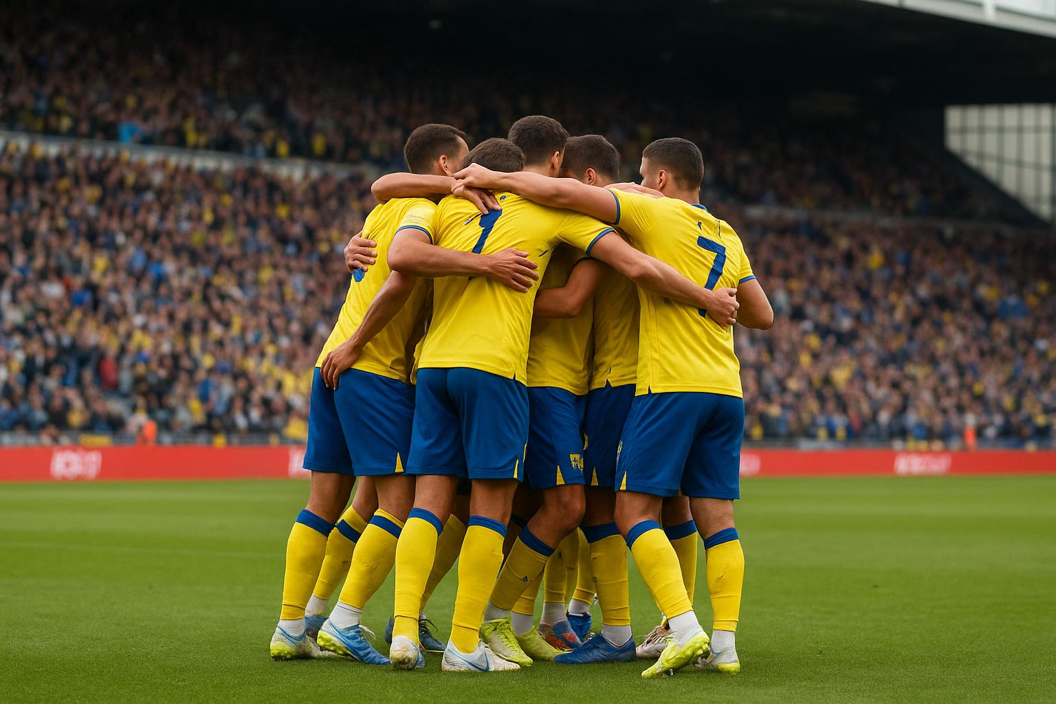Spelers van KVC Westerlo vieren samen op het veld tijdens de Europe Play-Offs