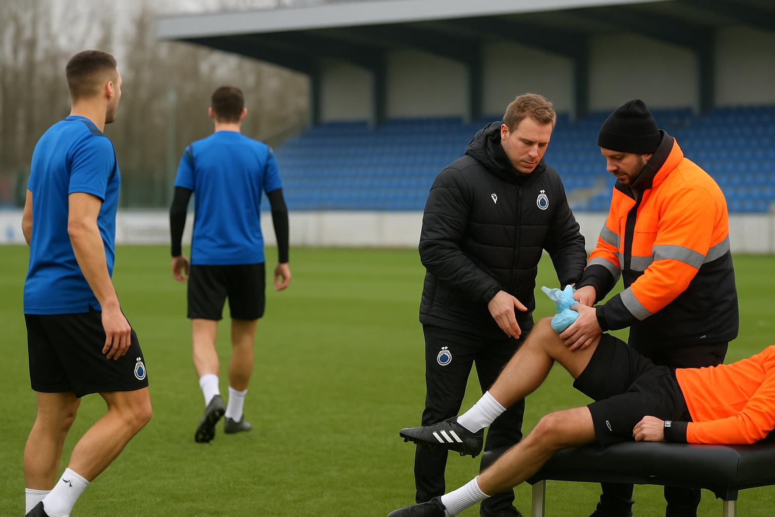 Spelers van Club Brugge op training in aanloop naar de wedstrijd tegen Union, met focus op de blessurezorgen in de selectie.